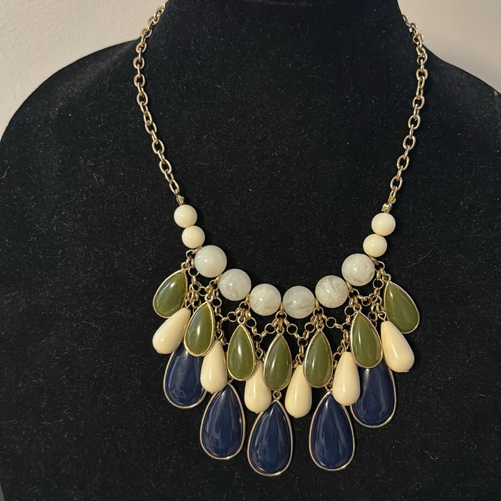 Beautiful layered cabachon necklace with blue green and beige colors 20”